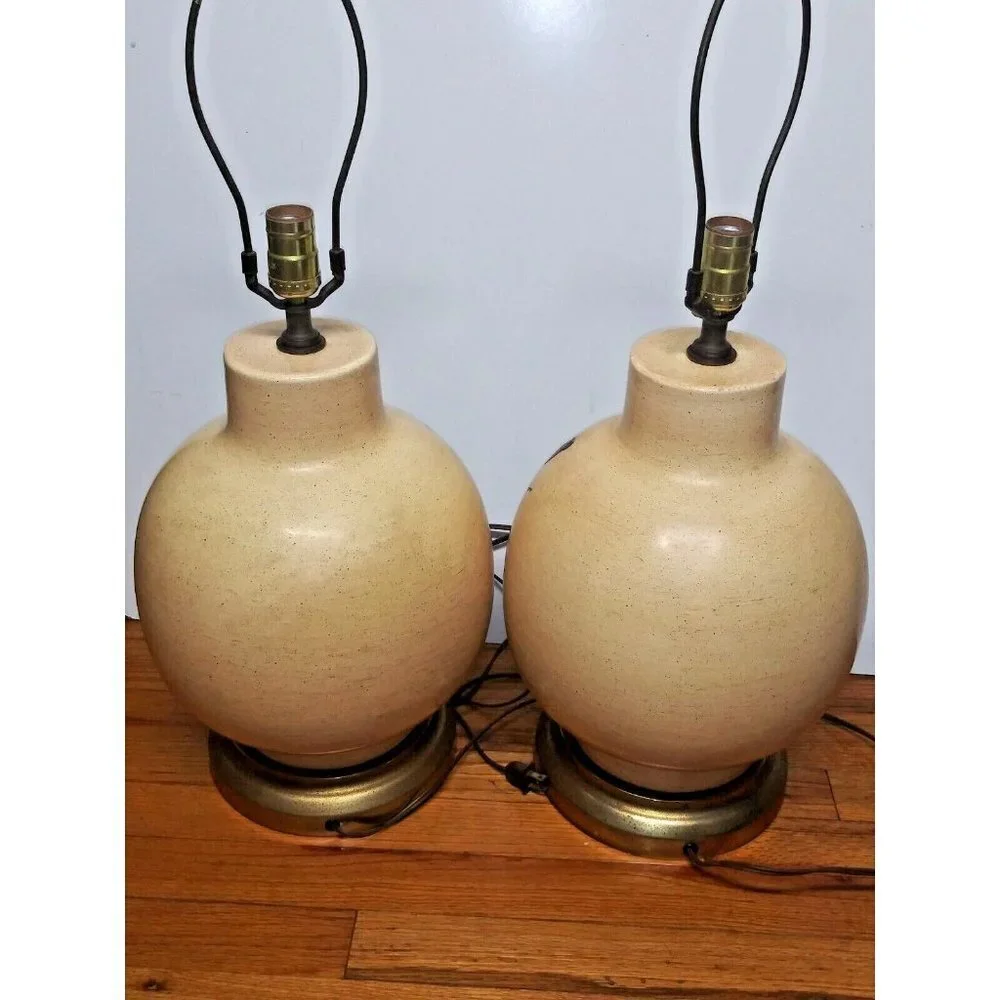 Vintage 1970s Ceramic Cattail Table Lamps Boho MCM 20